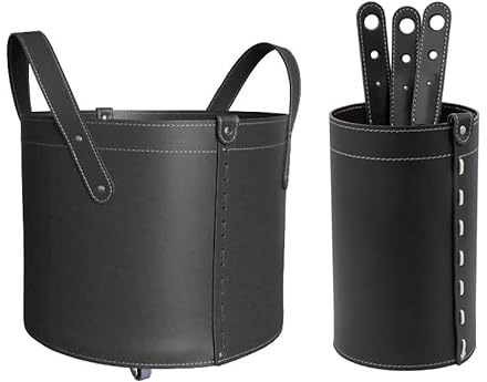 LIMAC Design LYCAD Kamingarnitur aus Leder, bestehend aus Kaminholzhalter, 4-teiliges Kaminbesteck mit Ledertasche, Kaminzubehör Modern Design, Hergestellt in Italien. (Schwarz)