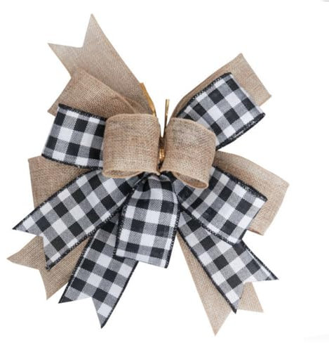 Ghirlanda di iuta a quadri neri e bianchi, con fiocco per albero di Natale, a doppio strato, fiocchi presenti, ghirlanda, ornamenti da parete, per porta d'ingresso, decorazione per porta d'ingresso