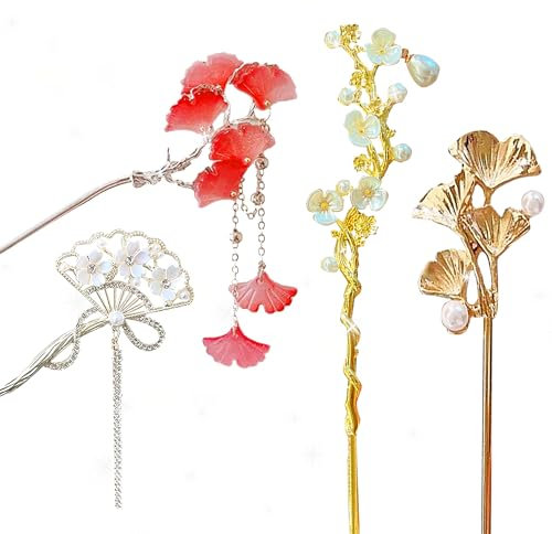 Lot de 4 épingles à cheveux rétro en forme de fleur japonaise, épingles à cheveux chinoises rétro, baguettes à cheveux japonais, accessoires pour cheveux longs pour femme