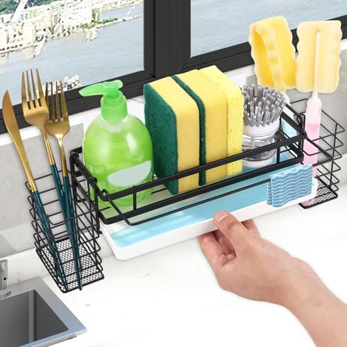 Zaxiva Porte Eponge Evier Cuisine, Organisateur Evier Cuisine Mural avec Bac de Vidange, Acier au Carbone Rangement Eponge Evier Cuisine, Support de Rangement Cuisine sans Perçage