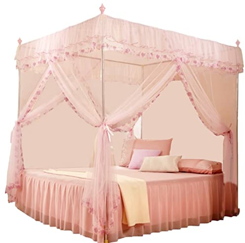 Culnflun Prinzessin Baldachin 4-Eckiger Betthimmel mit Spitze 3-türiges Netzgewebe Moskitonetz 4 Eckpfosten Betthimmel Vorhänge für Mädchen Schlafzimmer (Rosa 120 * 200 * 200 cm)