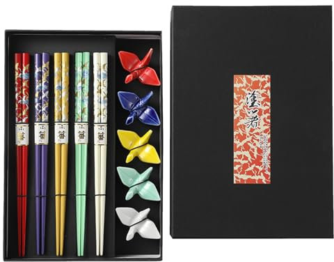 Set de Regalo para Palillos, 5 Pares Palillos de Bambu Japoneses Chopsticks Reutilizables, en una Hermosa Caja Negra Hecha a Mano, Regalo Hecha a Mano(Cisne)