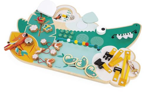 Janod Busy Board Croco-Lavagna Tema Animali della giungla-14 attività Bambine-Sviluppa la motricità fine-Giocattolo in Legno FSC-da 18 mesi-J08280, Colore Verde, J08280