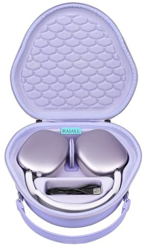 RAIALL Harte Tragetasche für Apple Airpods Max Kopfhörer, unterstützt den Schlafmodus, tragbare Airpod-Kopfhörer, schützende Aufbewahrung, Organizer, Tasche, Halterung, extra Platz für USB-C-Kabel,