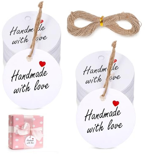 JIYIN 100 Stück Geschenkanhänger, 3cm Weiße Hängeanhänger “Hand Made with Love” Kraftpapier Anhänger Etiketten mit 20 m Juteschnur für Party Geburtstag Valentinstag Christmas Basteln