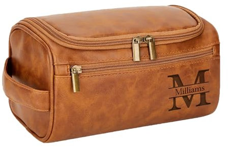 Kiddo Sky Trousse de Toilette Personnalisée Homme Sac Organisateuer de Toilette Trousse Personnalisable en Cuir pour Voyage Gym Business Vacance Cadeau Fête des Pères Mariage (Brun Clair)