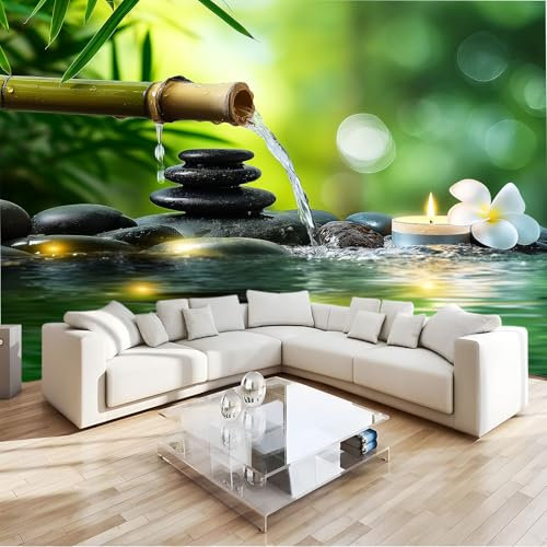 Générique Photo murale Plantes Bambou Rivière Eau Galets 300 x 210 cm papier peint non tissé Vert, Mural Décor Motif Poster Géant Stickers Muraux Optique Moderne Fond Effet