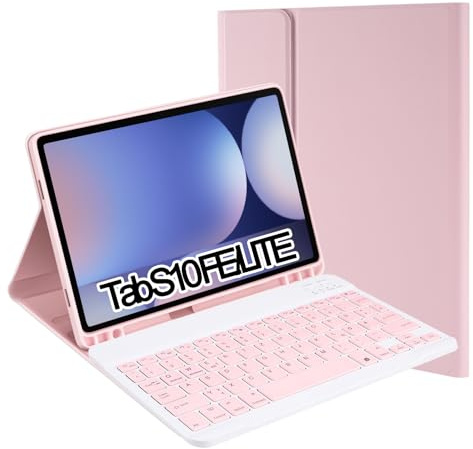 SUEEWE Tastatur mit Hülle für Samsung Galaxy Tab S 10 Lite & S10 FE & S9 FE, TPU Rückseite Hülle mit Magnetisch Abnehmbarer QWERTZ Tastatur, Rosa