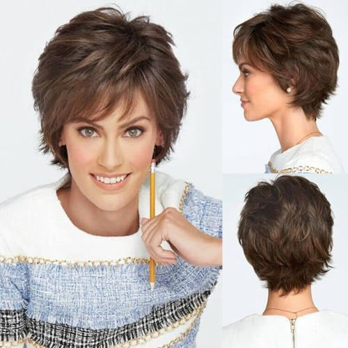 Dsimeig kurze braune Perücke für Frauen Pixie Schnitt synthetische Perücken Schichten fluffige Halloween Party Cosplay