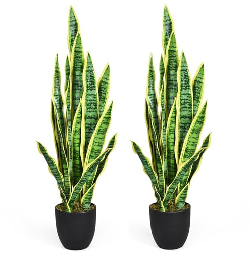 COSTWAY 2er Set Kunstpflanze Sansevieria, Künstliche Schlangenpflanze 90 cm, Zimmerpflanze mit stabilem Topf & 20 Blättern, Pflanze für den Heimgarten Bürodekoration, Hellgrün