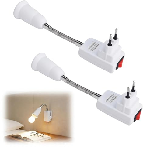 HENGBIRD Lot de 2 Lampe Prise Douille E27 Flexible – Adaptateur E27 avec Prise Européenne 20 cm, Lampe Orientable 360°, Plastique PBT Résistant à la Chaleur pour Ampoule LED