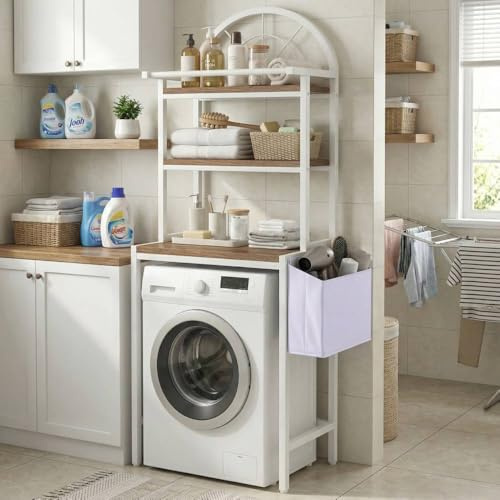 YITAHOME Over Washing Machine Shelf, Over-Toilet Shelf with 3 Shelves, Arch Design, Metal Wood Material with a fabric storage bag, 64.5 x 190 x 40cm, White