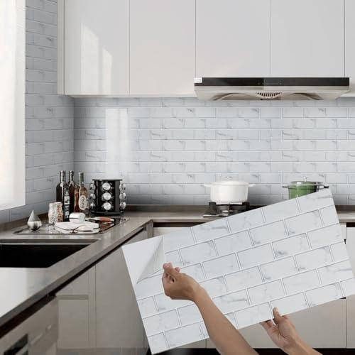 Takezuaa 30 Stück Klebefliesen Küche, Weiß Mosaik Fliesenaufkleber 30x60cm Badezimmer PET Selbstklebende Fliesendekor Aufkleber Backstein für Esszimmer Bad Fliesenfolie Deko