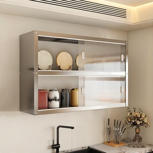 Hltdzer Wandschrank Bad & Küche mit Schiebetüren, Edelstahl Hängeschrank Silber mit Acryltüren, 2 Ebenen Küchenoberschrank für Gewürze & Kosmetik(80 * 30 * 70cm/31.5 * 11.8 * 27.6in)