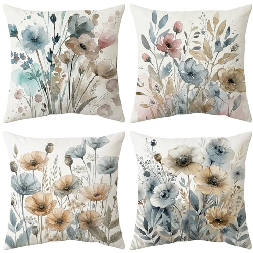4 Stück Blumen Kissenbezug 40x40cm,Kissenbezüge Frühlings Blumen,Frühling Urlaub Kissenbezug Dekoration,Leinen Kissenhülle Blume Garten Schmetterlinge Und Vögel,Für Sofa Schlafzimmer Dekoration (F)