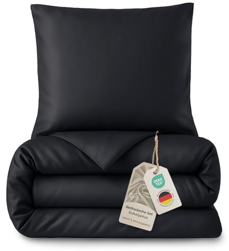 LAYNENBURG Premium Lyocell Bettwäsche in 155x220 + Kissenbezug 80x80 cm - 100% Lyocell Tencel aus u.a Eukalyptus – Oeko-TEX 100 - kühlende Sommer-Bettwäsche mit Reißverschluss(schwarz)
