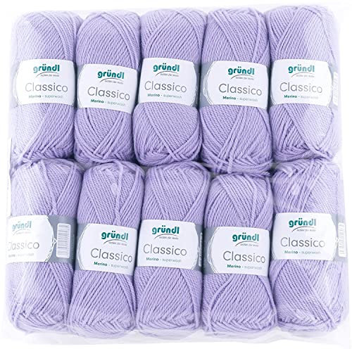 Gründl Wolle Classico - Dicke Wolle zum Stricken und Häkeln - Strickgarn - Weich und hautfreundlich - 50 % Merinowolle, 50 % Polyacryl - 10 Knäuel 50 g / 120 m - Nadelstärke 3,5 - 4,5 - flieder