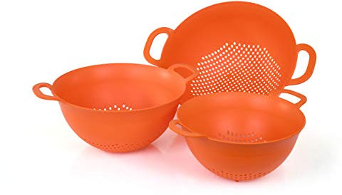 Mintra Home Plastic Strainer Colanders Set: 3, 3.5 and 5 Quart (Orange) Double Strong Handles and Deep Bowl, Safe BPA-Free - Use for Pasta, Noodles, Spaghetti, Vegetables (Assorted Sizes 3pk)