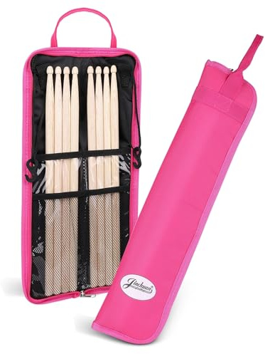 Flexzion Schlagzeugtasche, Drumstickhalter für 4 Paar Schlagzeug Sticks, Tasche aus wasserabweisender Stoff für Kinder, Schlagzeug Zubehör, Drumsticktasche mit Schultergurt & Kartenhalter, Rosa