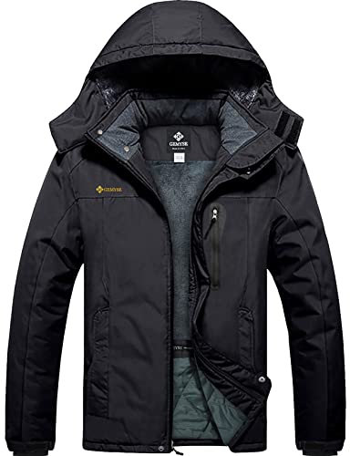 GEMYSE Herren Outdoor-Skijacke Wasserdicht Winddicht Winterjacke Fleece mit Kapuze für den Berg (Schwarz02,L)