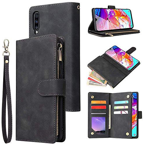 L-FADNUT Wallet Leather Case for Samsung Galaxy A50 Trifold Flip Wallet Phone Case with Card Holder Lanyar Strap Kickstand Zipper Magnetic Folio Case Cover for Samsung Galaxy A50 Black