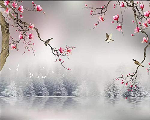 Papier Peint Panoramique 3D,Fleurs de cerisier gris rose - Autocollant Mural Pour Salon Chambre À Coucher Couloir Moderne Espace Visuel De Paysage Naturel Murale 350X256CM