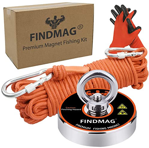 Magnet Fishing Kit, Strong Lift Magnet 500 LB(227 KG) Pulling Force Round Neodymium Magnets, River Magnets for Magnetic Fishing & Salvage in River, with 65 ft(20 m) Nylon Rope Carabiner Hand Gloves