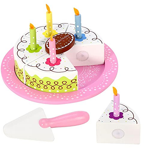 SOKA Wooden Birthday Party Cream Cake Pretend Role Play Toy Food Set with Cake Slices Removable Candles Chocolate Decoration Cake Slicer and Plate for Kids Girls Boys Children 3 years old +