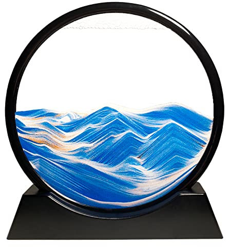 Yuomiker Fließende Sandmalerei - Dynamisch 3D Sandbilder zum Drehen, Bewegliche Sandkunst runder Glas Rahmen Sandbild, Landschaft Sanduhrdekoration für Desktop-Kunst Blauer Ozean Dekor (Blau, 7)