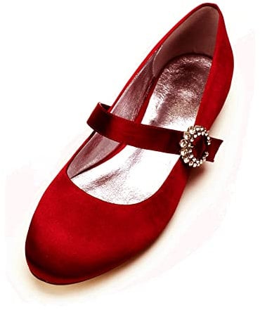 HYMYSUNY Womens Flat Bridal Ankle Strap Shoes Satin Round Toe Wedding Pumps Ivory White Ballet Flats,Dark Red,4 UK