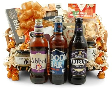 Craft Beer Hamper with English Ales | Premium 3-Bottle Beer Gift Basket with 6 Award-Winning Savoury & Sweet Snacks | Handmade Seagrass & Wood Basket