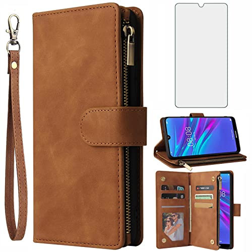 Asuwish Handyhülle für Huawei Y6 2019/Y6s/Honor 8A Hülle mit Folie Schutzfolie und Kartenfach Klappbar Leder Geldbörse Ständer Reißverschluss Hawaii 6Y Pro 2019 JAT-L41 MRD-LX1 Handy Hüllen Case Braun
