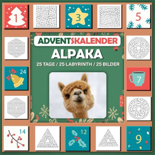 Labyrinth Adventskalender 2023 Buch: weißes Bild von Alpaka Geschenk für Kinder Alpaka lieben 25 Tage / 25 Labyrinth / 25 Bilder