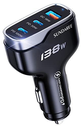 SUNDAREE Auto Ladegerät USB C 100W,138W 3 Port 12V 24V Kfz Handyladegeräte Type C PD QC 3 Fach Schnellladen Zigarettenanzünder Adapter for Samsung A53/Redmi Note 12/iPhone 14/MacBook/Dell XPS/Laptop