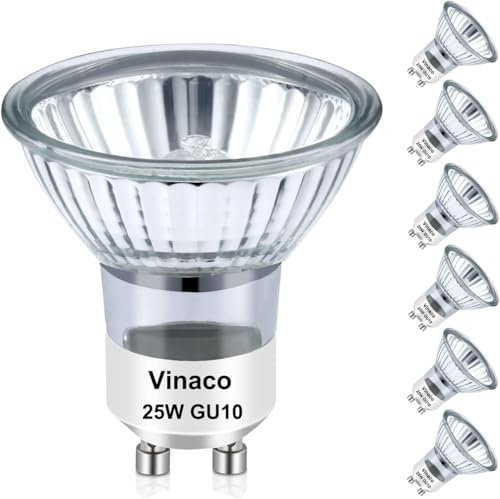 Vinaco GU10 Halogen Leuchtmittel, 6er-Pack Gluhbirn GU10 25W Lange Lebensdauer, GU 10+C 230V 25W Dimmbar Warmweiß 2800K, Hoher Output Leuchtmittel GU 10 Halogen 25 W für Schienenlicht, Einbauleuchte