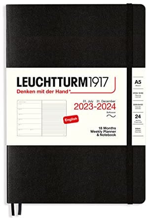 LEUCHTTURM1917 367866 Weekly Planner & Notebook Softcover Medium (A5) 2024, 18 months, Black, English