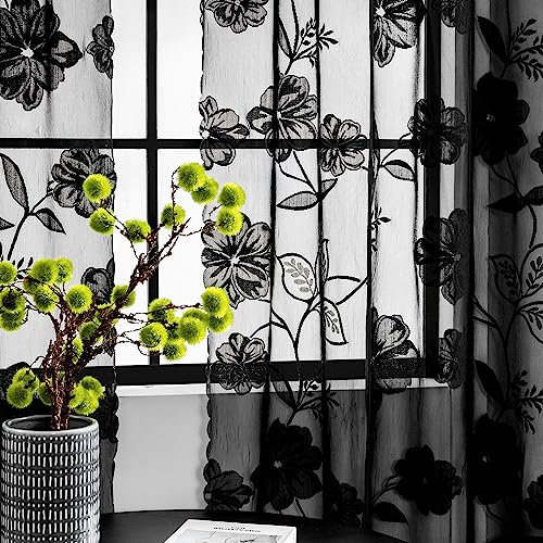 Treatmentex Black Lace Curtains 54 Inch Rose Floral and Leaf Sheer Window Curtains for Living-Room Bedroom Vintage Leaf Knitted Lace Sheer Curtain Panels 52 w 2pcs Pencil Pleat