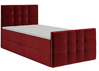 KEF Paris Mini Boxspringbett 100x200 cm - Bett mit Matratze und Topper - mit Bettkasten - Polsterbett mit Kopfstütze - Bonell-Matratze H3 - Rot Tiffany