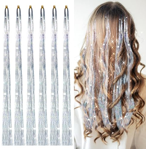 600 Strands Haarsträhnen Kinder, Haarsträhnen Zum Einflechten Glitzer Hair Tinsel Glitzersträhnen für Haare 45cm Sparkle Haar Lametta Haarverlängerungen für Frauen Mädchen Kinder Cosplayer