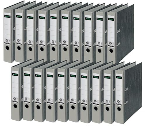 Leitz Qualitäts-Ordner, das Original, 20er Pack, DIN A4 Aktenordner schmal, 5 cm breit, Wolkenmarmor-Papier, Recycling-Ordner, Blauer Engel, Mit 180° Mechanik, Höchste Stabilität, Grau, 10505085