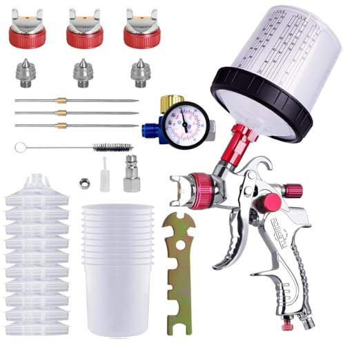 HVLP-Spritzpistole, Spritzpistole-Kit mit 10 Stück 600ML Einwegbechern Spritzpistole Cups &Druckmesser, Auto-Spritzpistolen-Kit mit 3 Düsen 1.4/1.7/2mm&Farbmischbecher (Rot Suit)