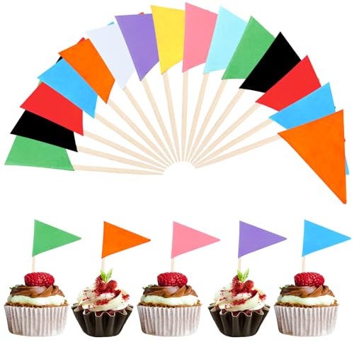 AOZUO 100 Stück Flaggen Zahnstocher Cocktail Flagge,Fahne Dreieckige Bunte Zahnstocherflaggen für Cupcake Toppers Stäbchen Toothpick Party Pub Deko Lebensmittel Blanke Cupcakes Desserts DIY Kuchen