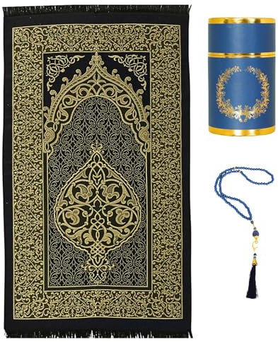 Prien Muslimischer Gebetsteppich Mit Tesbih Für Islamische Geschenke, Muslim Tragbare Seccade Box, Islam Mat Set Für Frauen & Männer Ramadan, Türkisch Teppich Geschenk Bayram Kinder (Marineblau)