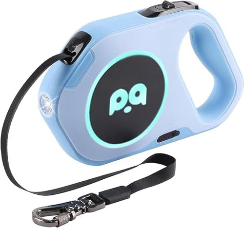Einziehbare Hundeleine Aufgerüstet Wiederaufladbar mit LED-Licht, Einhandbremse und Entriegelung Verwicklungsfreie Haustierleinen 16ft/5m Nylonband für bis zu 88lbs kleine mittelgroße Hunde (blau)