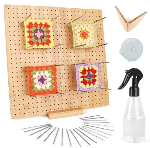 Reessy Crochet Blocking Board Large, 13inch Granny Square Blocking Board with 30 Steel Rods & 1 Spray Bottle, Wooden Blocking Board Pegs for Knitting Granny Squares, Lace, Hats