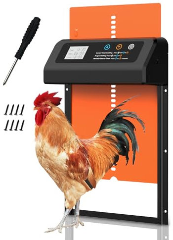 Hühnerklappe automatisch mit Zeit/Handmodus, Aluminiumlegierung automatische Hühnerklappe, elektrische Hühnertür kältetauglich | LCD-Bildschirm | Anti-Klemm (Schwarz-Orange)