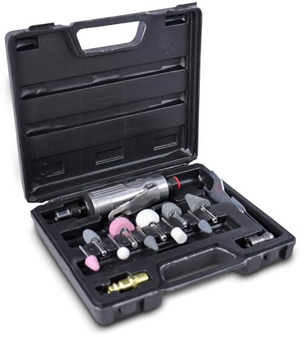 ENVA MADE FOR QUALITY Druckluft-Stabschleifer 25000 U/min Set mit 16 Teilen, Spannfutter, Schleifsteine, Schraubenschlüssel & Druckluftanschluss für Metall, Holz & Kunststoff