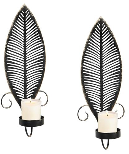 2 Stück Wandkerzenhalter, Blatt Wand Kerzenhalter Schwarze Metall blätter mit goldenen Rändern Wandhalterung Kerzenständer Deko für Wand Wohnzimmer Schlafzimmer Esszimmer Dekor