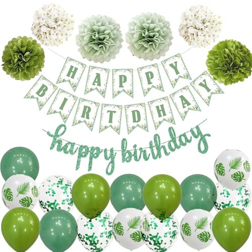 Happy Birthday Eukalyptus Sage Grün Weiß Geburtstag Party Deko Set Geburtstag Girlande Luftballons Grün Weiß Ballons 6 Pompoms Mintgrün Geburtstagsdeko Kindergeburtstag Eukalyptus