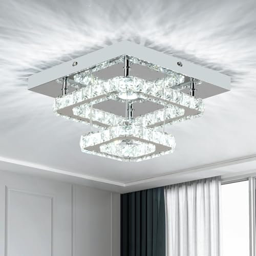 RHEAFON Crystal LED Ceiling Light, Square Chandelier Ceiling Light Flush Mount 2 Ties Crystal Chandelier for Hallway Kitchen Porch Bedroom Dining Room(Cool White)